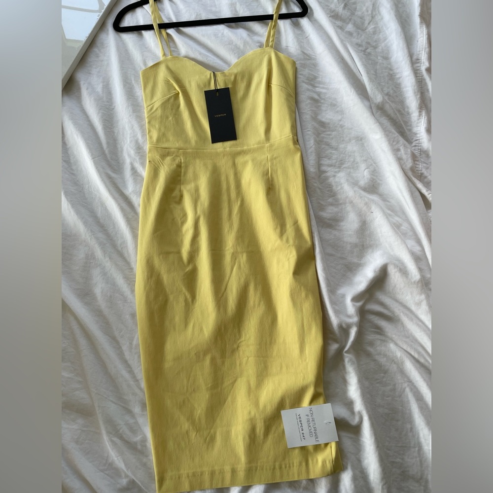 Vesper yellow sweetheart neckline bodycon midi dress
